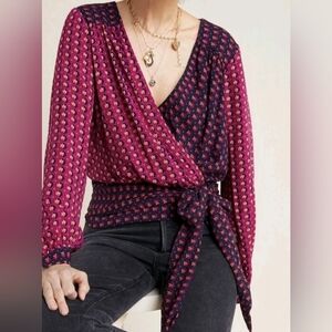 Anthropologie Pink and Purple Faux Wrap Blouse Size 10
